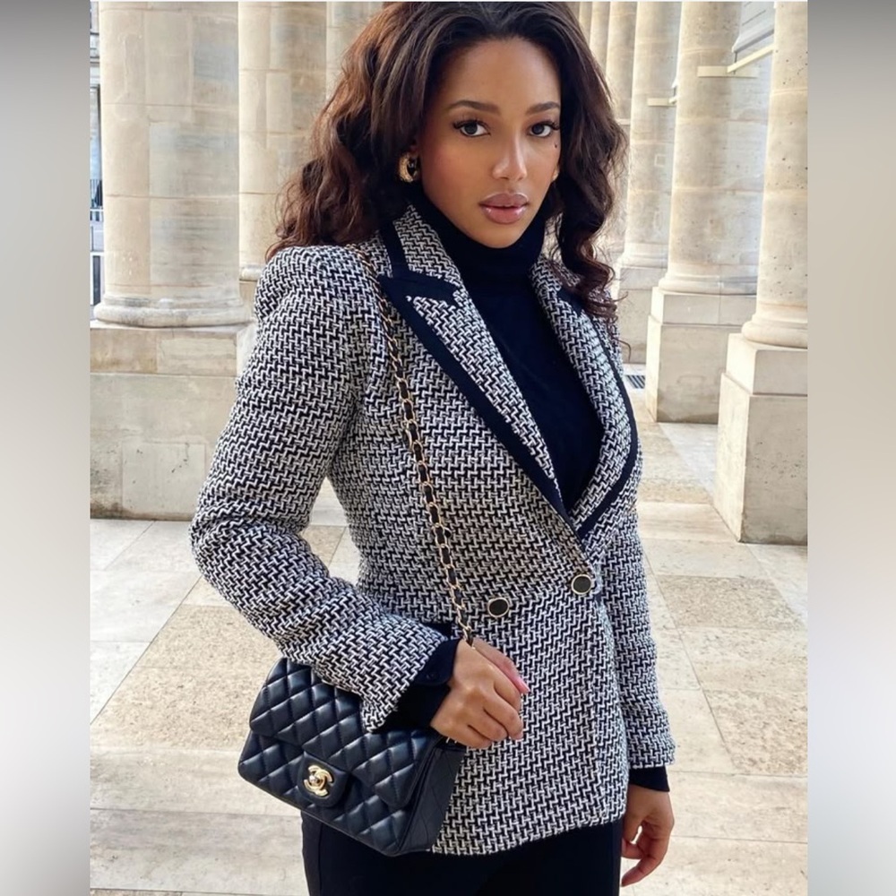 ZARA Structured Double Breasted Blazer Black White Tweed Blogger’s Favorite XL - Picture 8 of 16